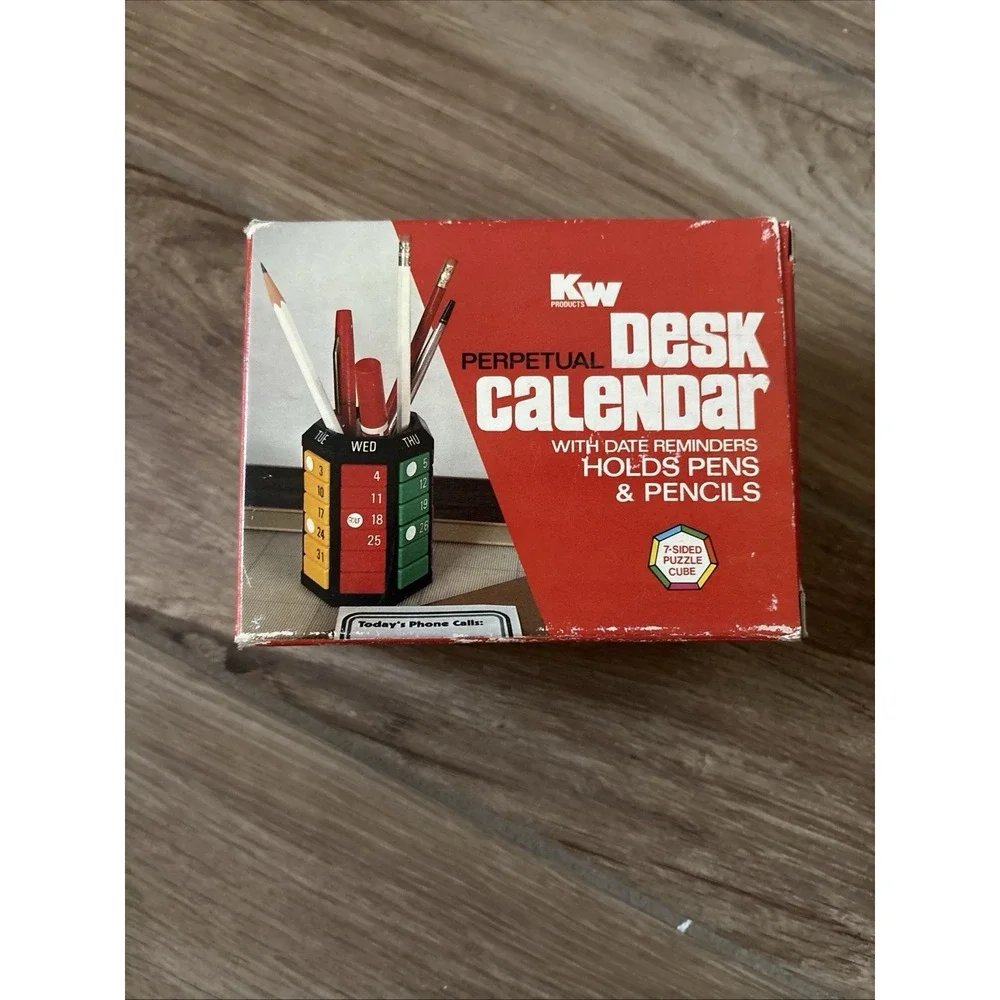 Vintage KW Products Perpetual Desk Calendar Puzzle Pen Holder Coin Bank Korea